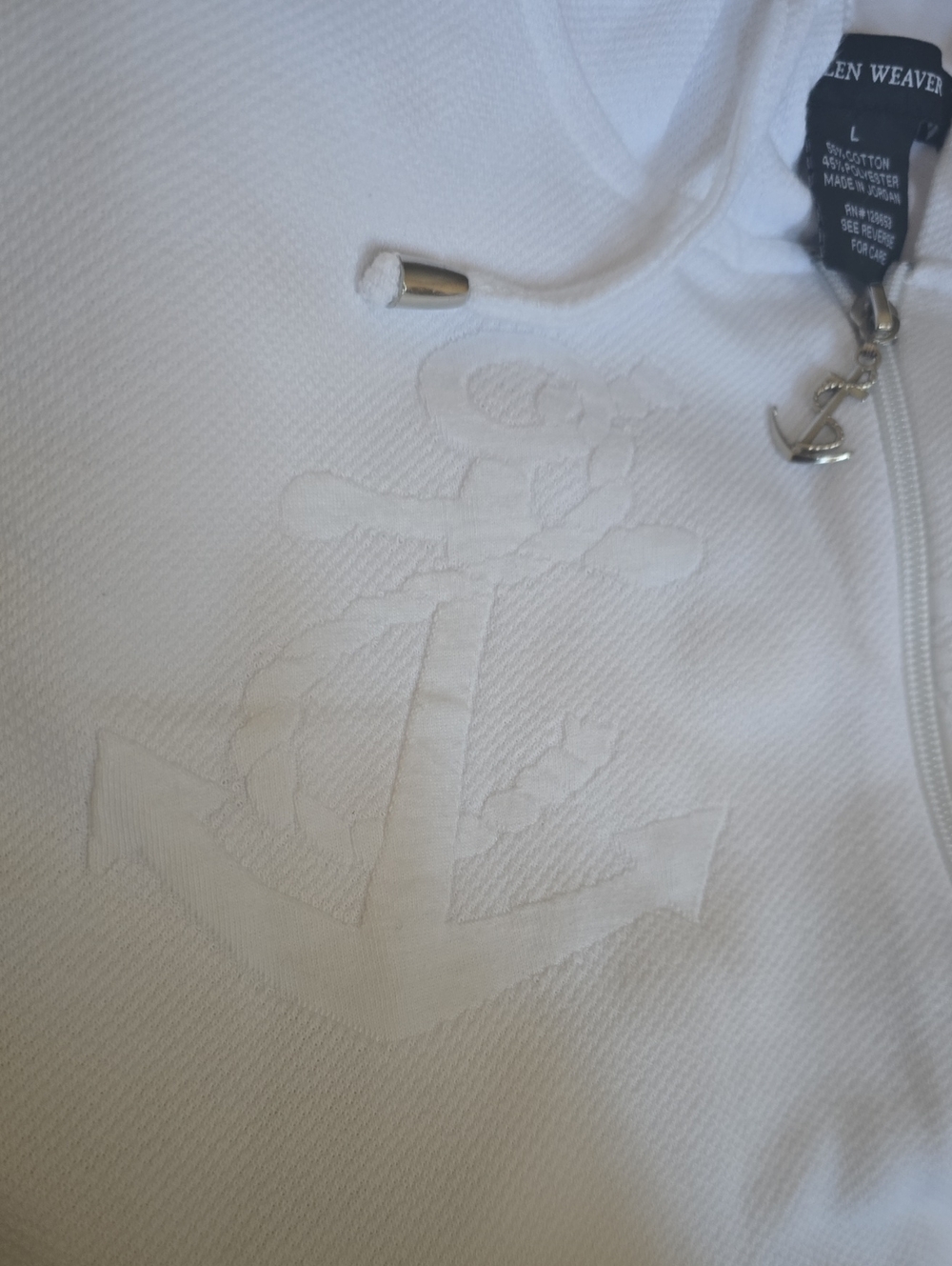 Ellen Weaver Top Hoodie Women's Size Large White Zip Hoodie Anchor Charm Pattern